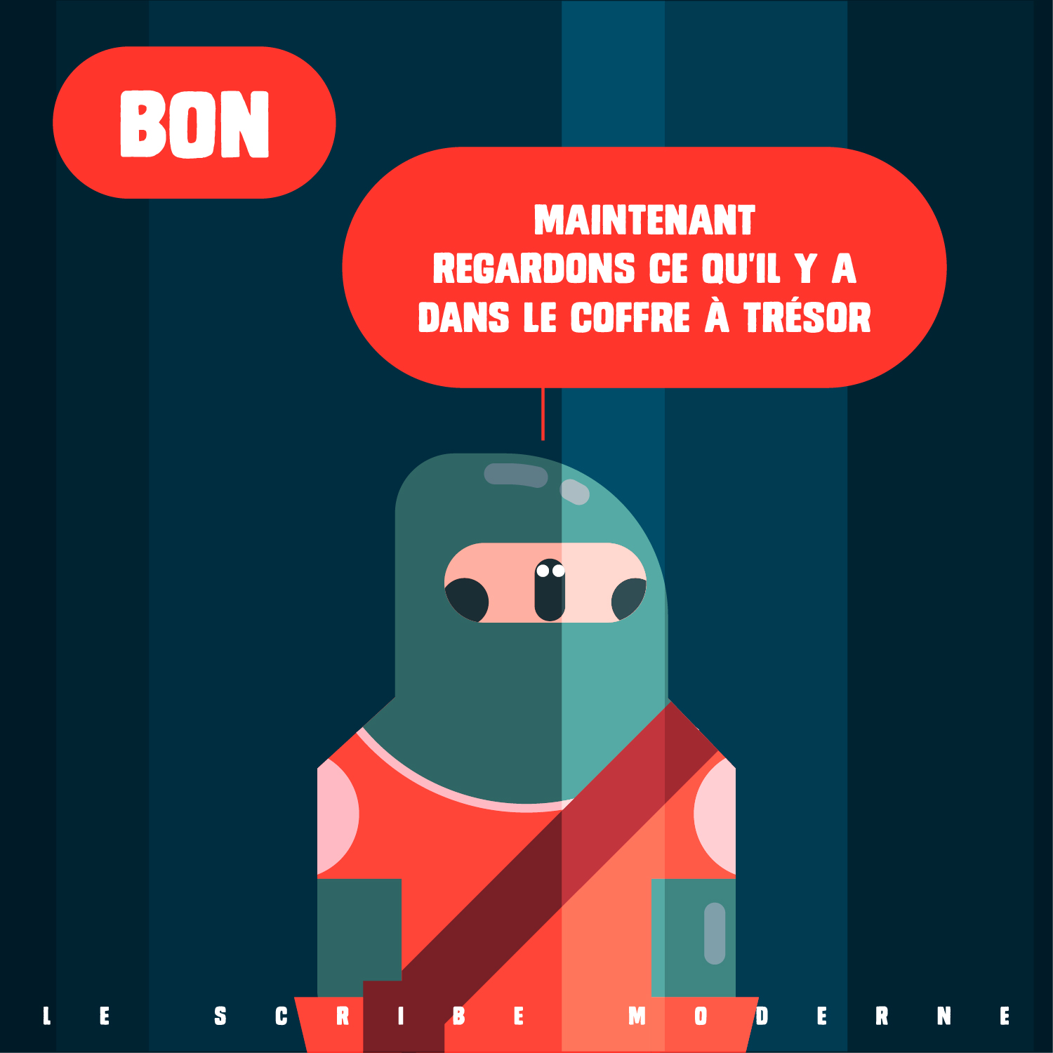 Gros plan sur Jean-Luc, personnage de BD à l'expression vide et ingénue. Il annonce vouloir découvrir le contenu du coffre. Son absence totale d'émotion faciale contraste avec l'excitation habituelle des héros de JDR.