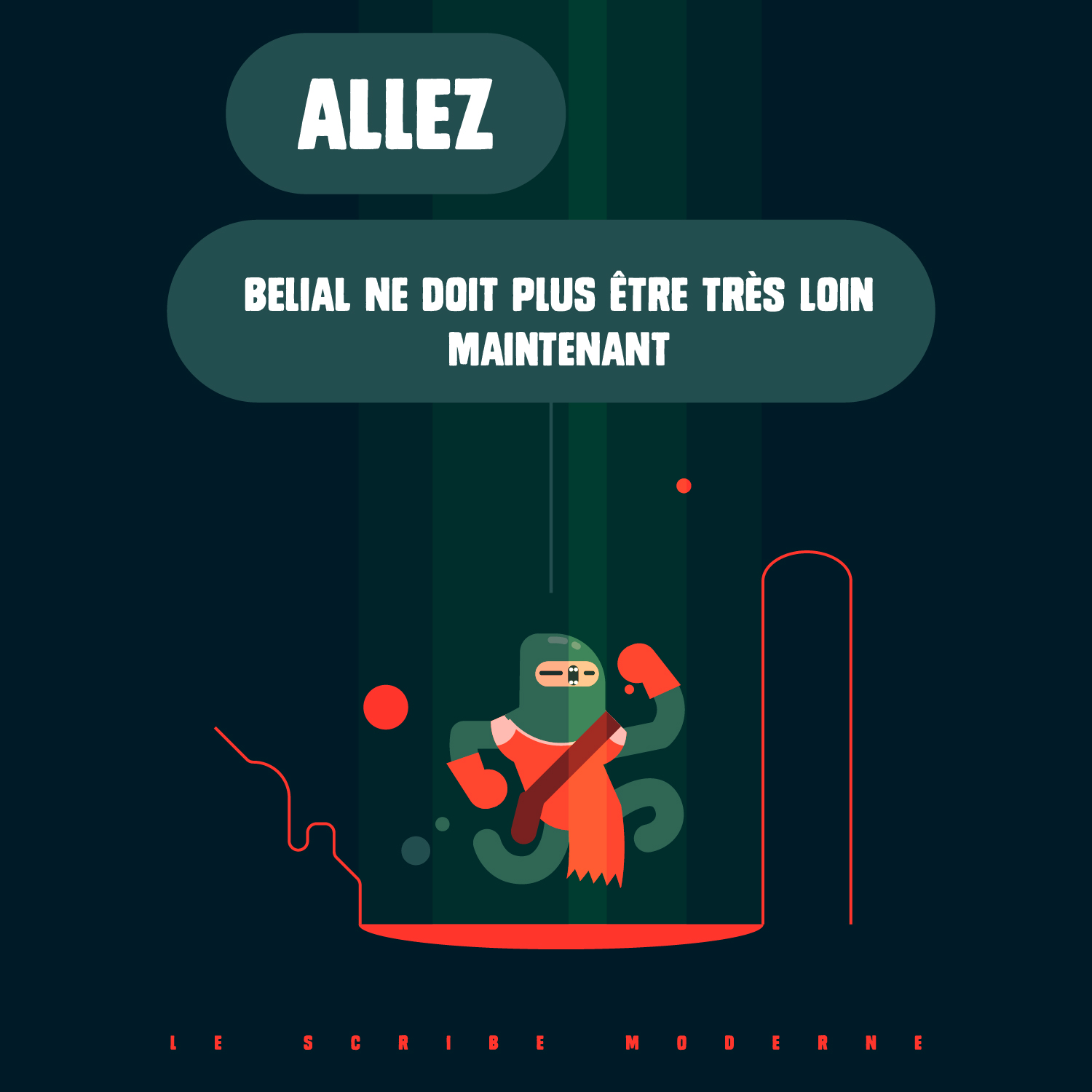 Case de bande dessinée d'action montrant le personnage en train de courir (effets visuels de mouvement). Le texte mentionne une quête vers un antagoniste nommé "Belial". Cette image conclut la chute humoristique en montrant le personnage se lançant dans une aventure épique armé d'un couvert de cantine.