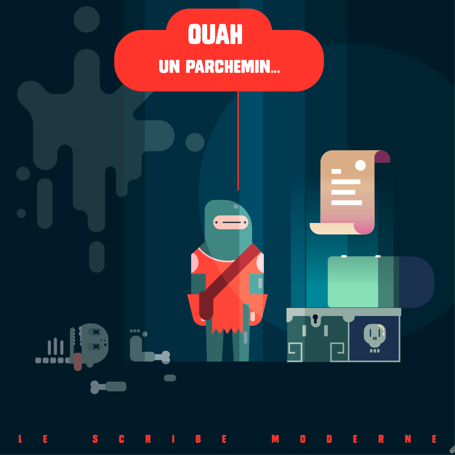 Jean-Luc face à un coffre de donjon émettant une lumière bleue magique. Un parchemin lévite. Jean-Luc dit "Ouah un parchemin" avec un regard fixe et inexpressif, illustrant un décalage comique entre ses paroles et son visage.