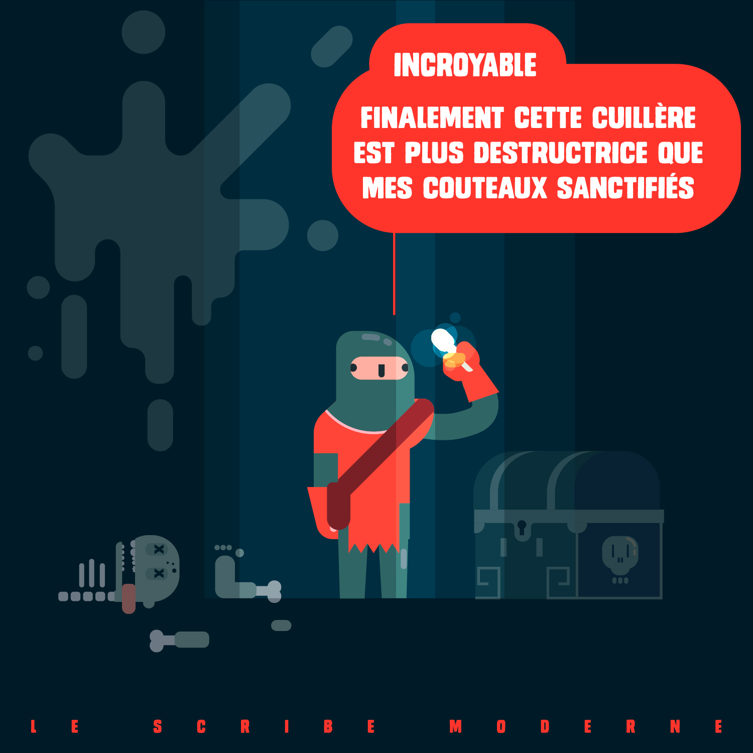 Case 1 : La révélation de la puissance de la cuillère de cantine. L'histoire se poursuit dans un style flat design aux teintes sombres et bleutées. Le roublard Jean-Luc se tient à côté d'un squelette vaincu en morceaux et d'un coffre fermé. Il observe sa petite cuillère qui émet une lueur magique éclatante. Le texte de la grande bulle rouge indique : « INCROYABLE CETTE CUILLÈRE EST PLUS DESTRUCTRICE QUE MES COUTEAUX SANCTIFIÉS ».