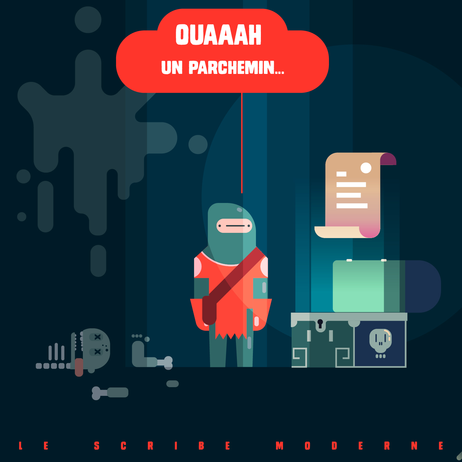Case 3 : La découverte d'un manuscrit mystérieux. Le plan s'élargit pour montrer le héros de face. Le coffre est désormais ouvert et libère un halo de lumière turquoise. Un parchemin flotte au-dessus, illuminant la pièce. Le texte de la bulle rouge au-dessus du roublard précise : « OUAH UN PARCHEMIN... ».