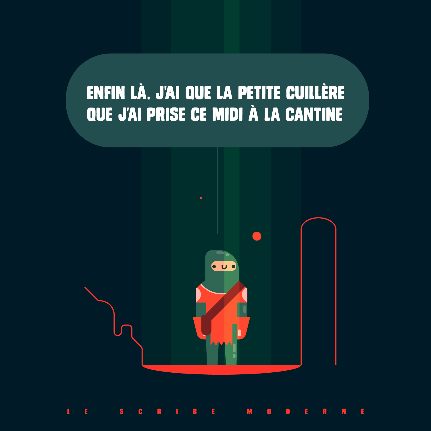 Case 2 : L'inventaire réel de l'équipement de Jean-Luc.
Description : La scène et le personnage en flat design restent identiques à la première case, sur la plateforme rouge et sous la lumière verdâtre. Le texte de l'unique bulle est : « ENFIN LÀ, J'AI QUE LA PETITE CUILLÈRE QUE J'AI PRISE CE MIDI À LA CANTINE ».