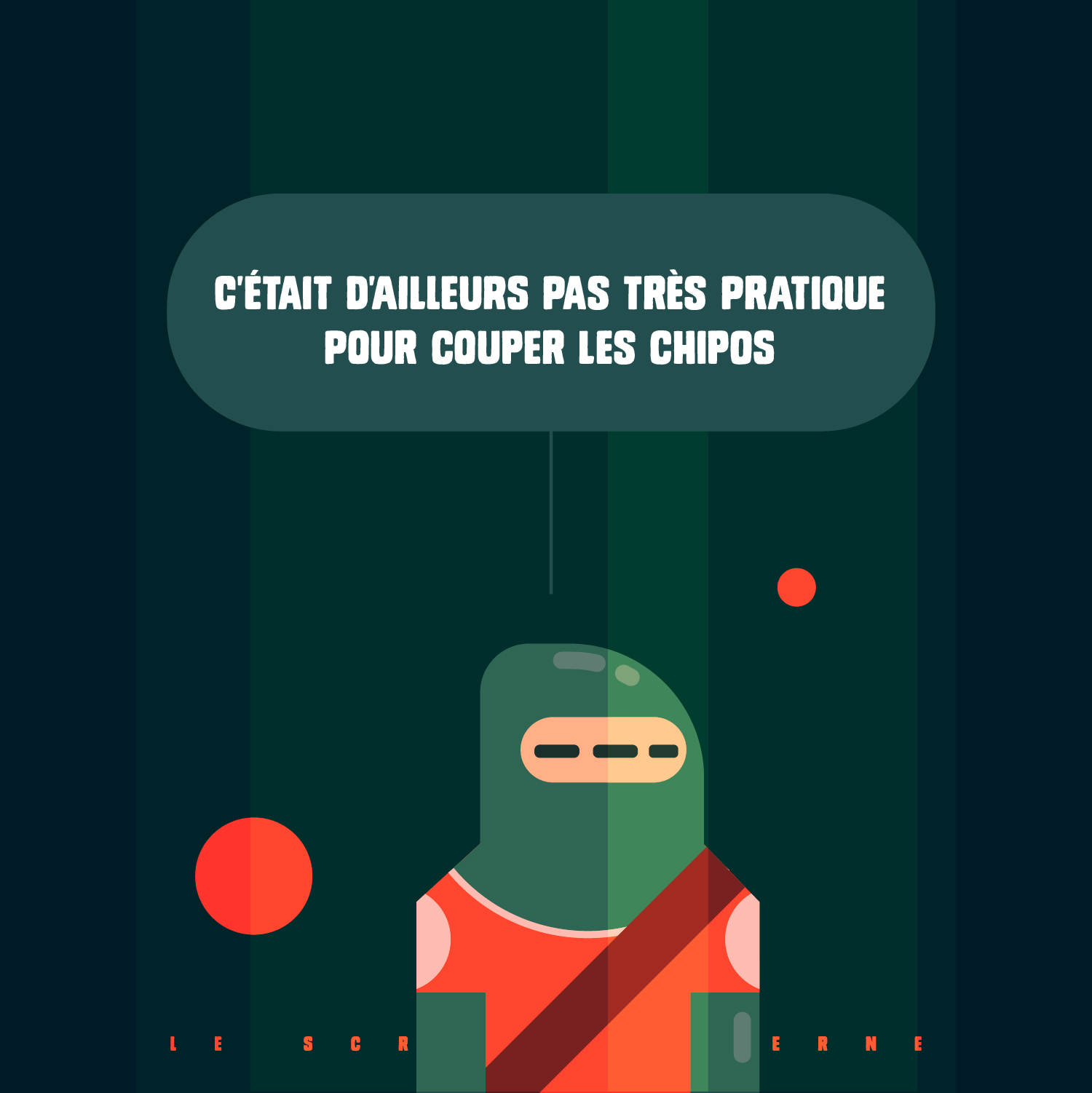 Troisième case : Les difficultés logistiques d'un guerrier mal préparé. Le cadrage se resserre en gros plan sur le masque impassible de Jean-Luc. Cette fixité renforce le contraste de sa réflexion terre à terre. La bulle de texte mentionne : « C'ÉTAIT D'AILLEURS PAS TRÈS PRATIQUE POUR COUPER LES CHIPOS ». 